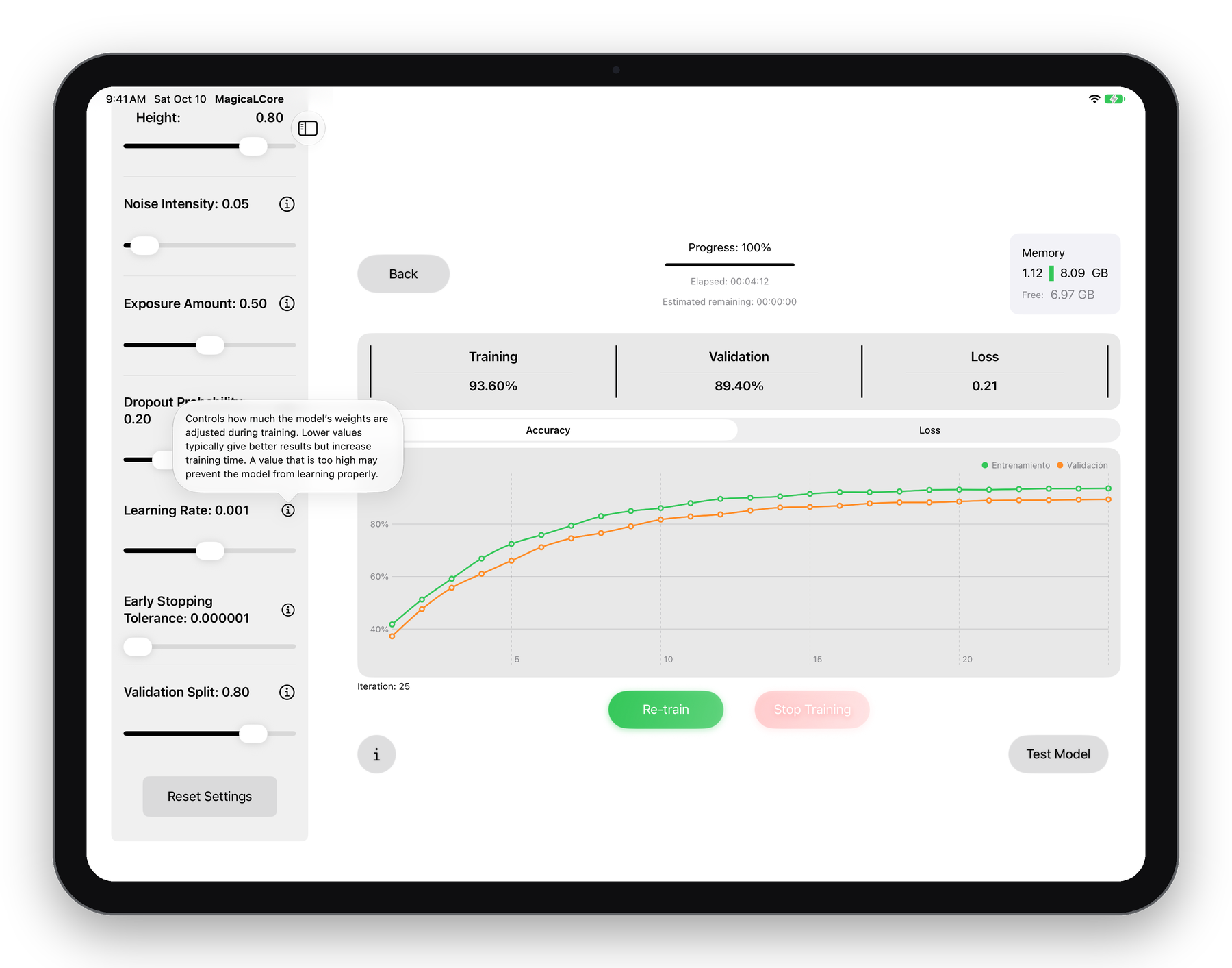 Advanced training settings with an explanation popover in MagicaLCore